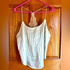 Victoria's Secret White Asymmetrical Backless Camisole Medium Green Stripe Lace